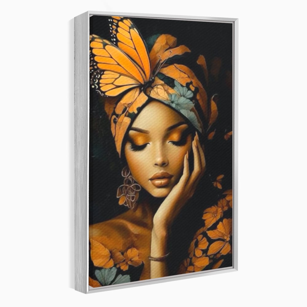 Tablou canvas cu tablou canvas cu portret de femeie, in rama de aluminiu argintiu
