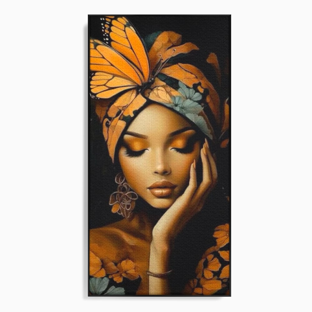 Tablou canvas cu tablou canvas cu portret de femeie, in rama de aluminiu negru