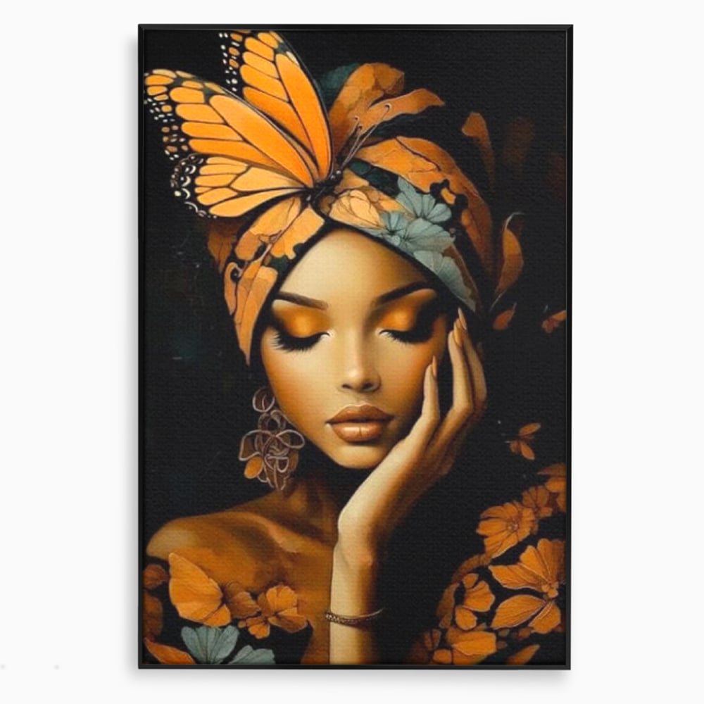 Tablou canvas cu tablou canvas cu portret de femeie, in rama de aluminiu negru