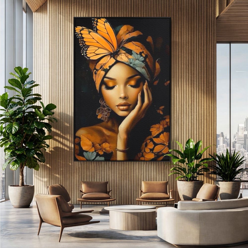 Tablou canvas cu tablou canvas cu portret de femeie, in rama de aluminiu negru, pe perete intr-un birou