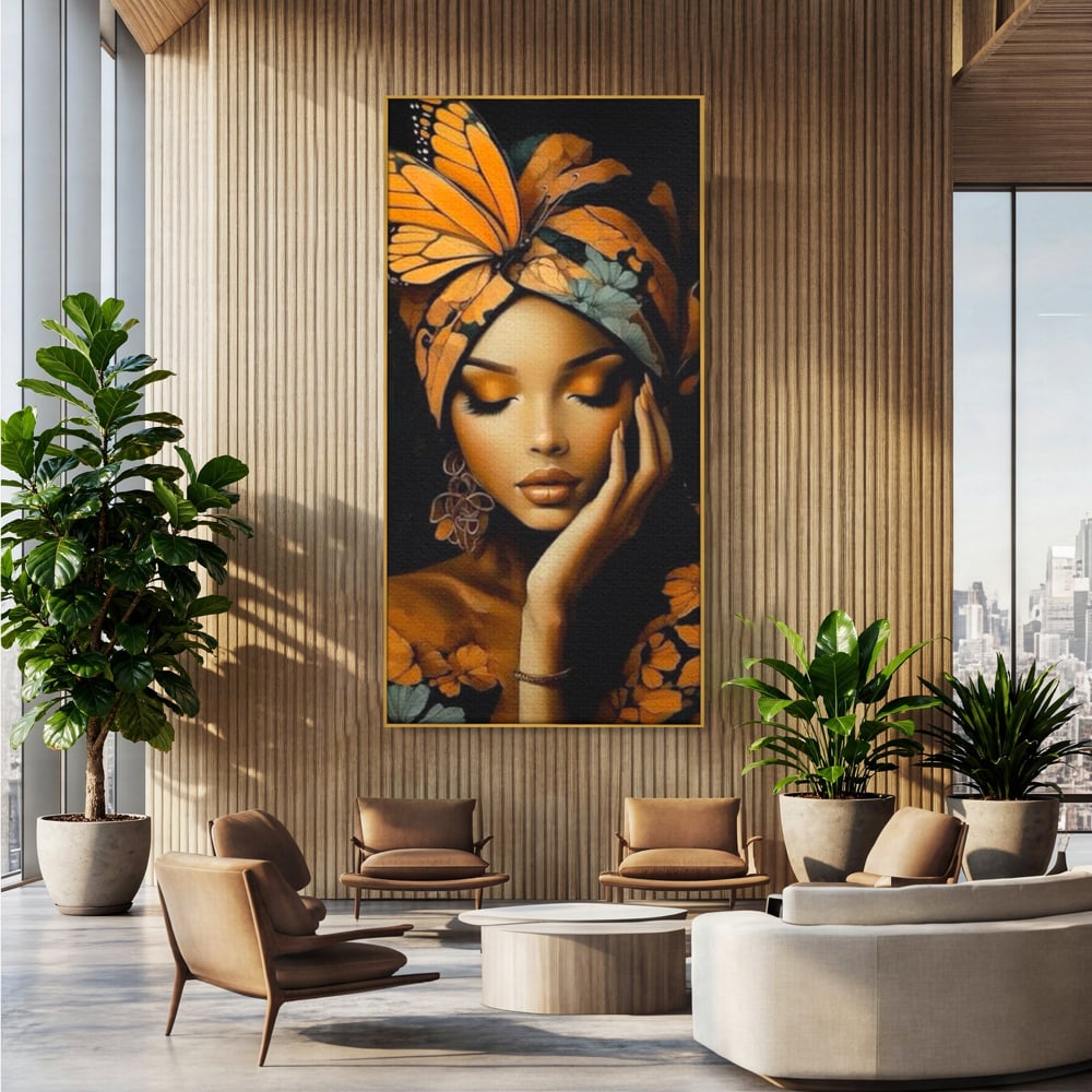 Tablou canvas cu tablou canvas cu portret de femeie, in rama de aluminiu auriu, pe perete intr-un birou