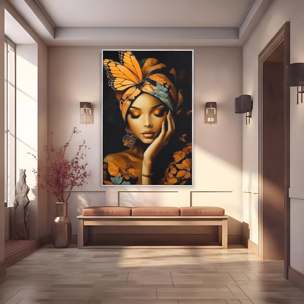 Tablou canvas cu tablou canvas cu portret de femeie, in rama de aluminiu argintiu