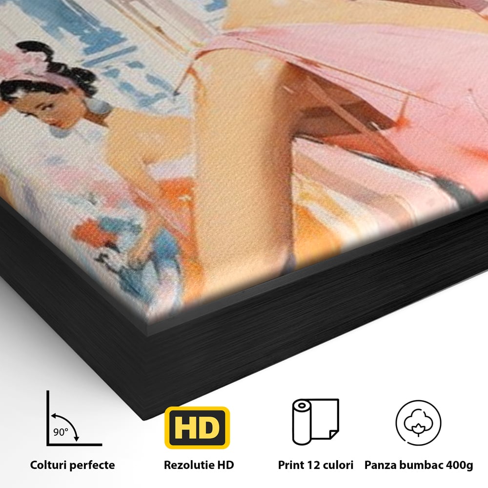 Detaliu al suprafetei: tablou canvas cu femei la moda retro, in rama de aluminiu negru