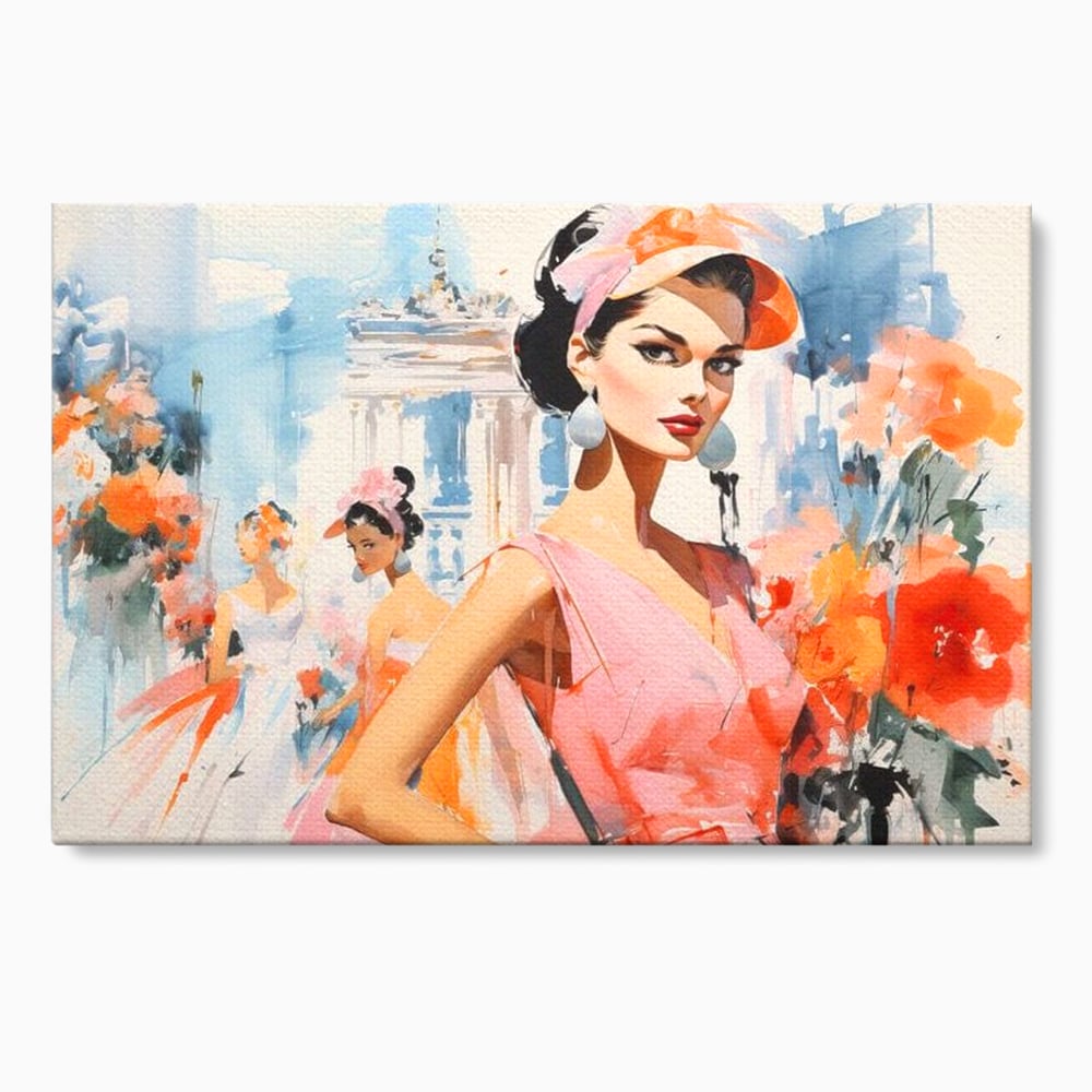 Tablou canvas cu tablou canvas cu femei la moda retro, fara rama, pe sasiu de lemn