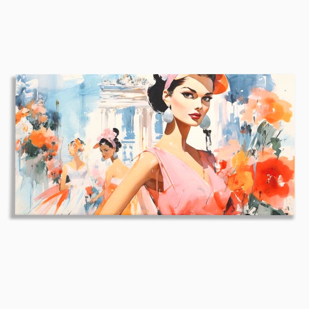 Tablou canvas cu tablou canvas cu femei la moda retro, fara rama, pe sasiu de lemn