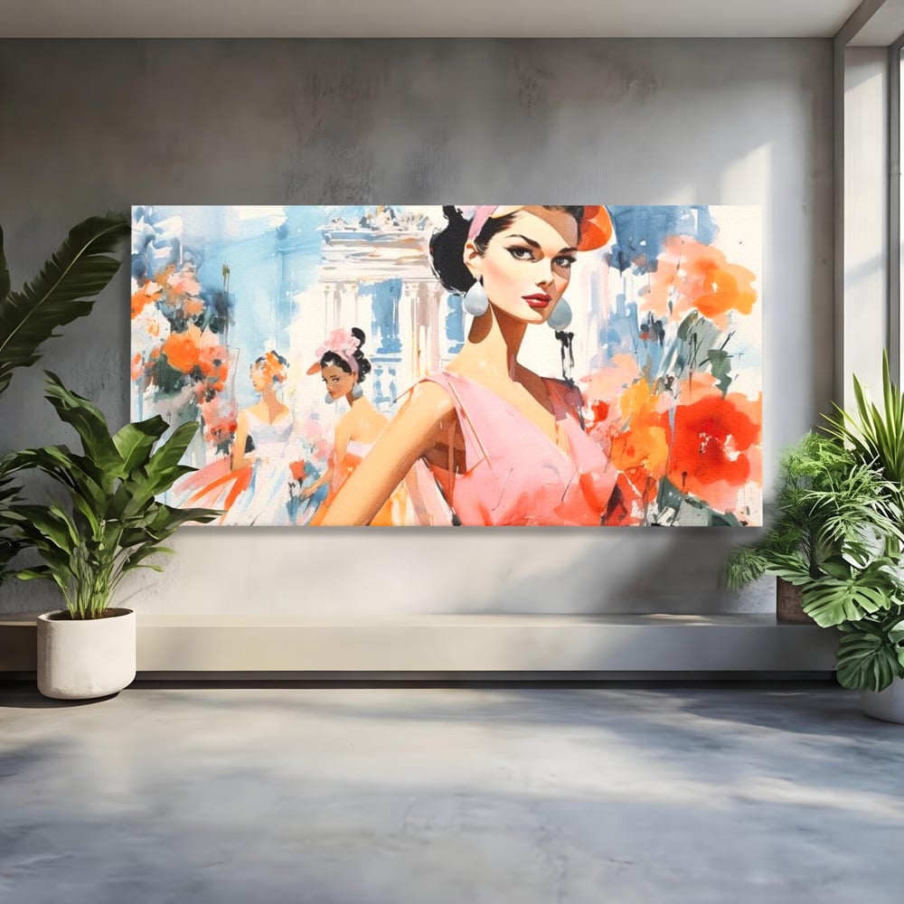Tablou canvas cu tablou canvas cu femei la moda retro, fara rama, pe sasiu de lemn