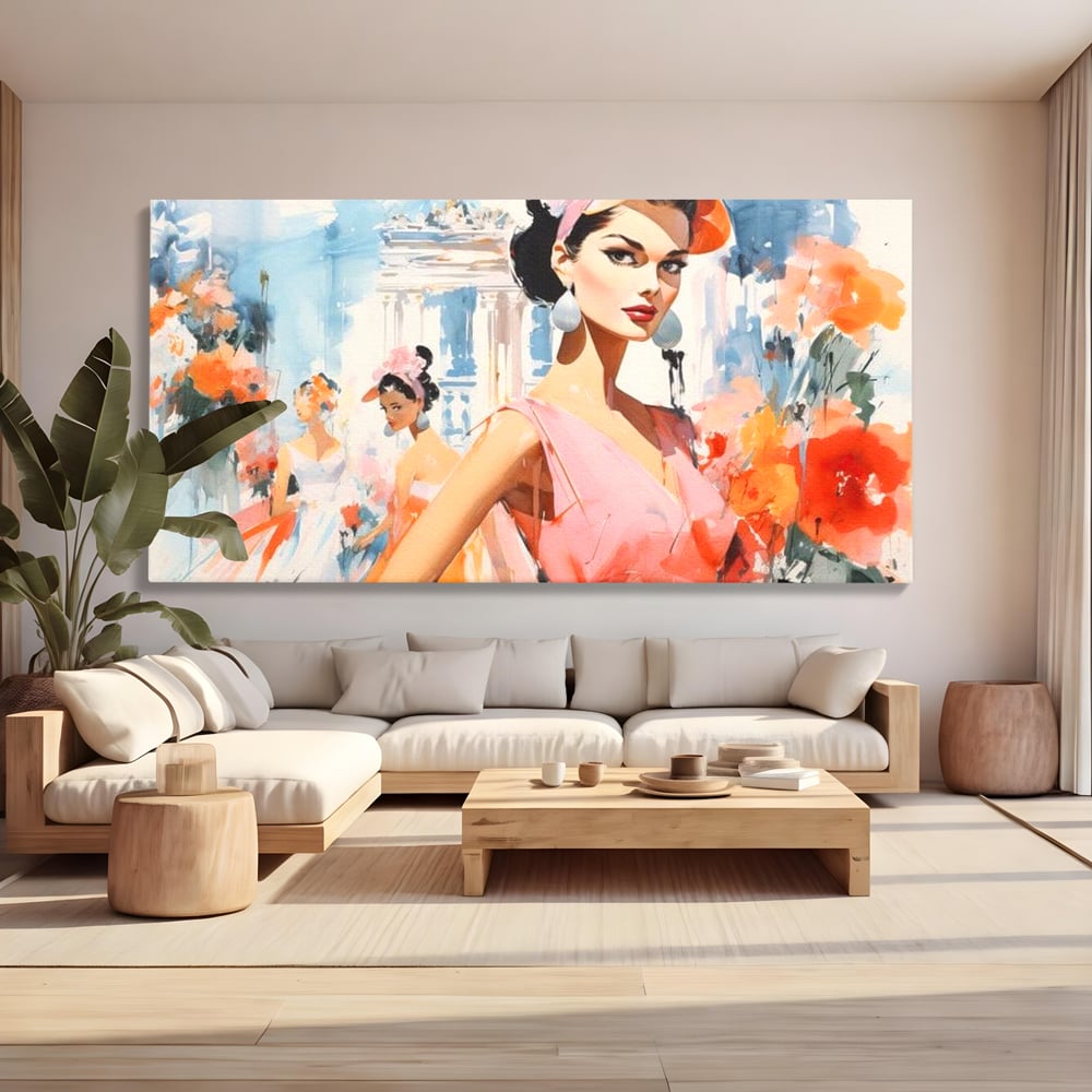 Tablou canvas cu tablou canvas cu femei la moda retro, fara rama, pe sasiu de lemn, pe perete intr-un living