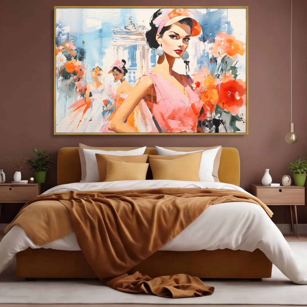 Tablou canvas cu tablou canvas cu femei la moda retro, in rama de aluminiu auriu, pe perete intr-un dormitor