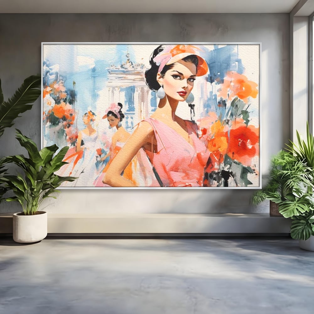 Tablou canvas cu tablou canvas cu femei la moda retro, in rama de aluminiu argintiu