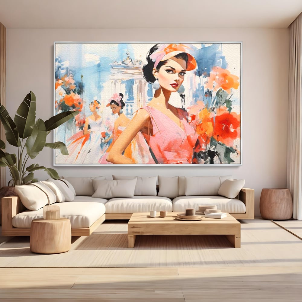 Tablou canvas cu tablou canvas cu femei la moda retro, in rama de aluminiu argintiu, pe perete intr-un living