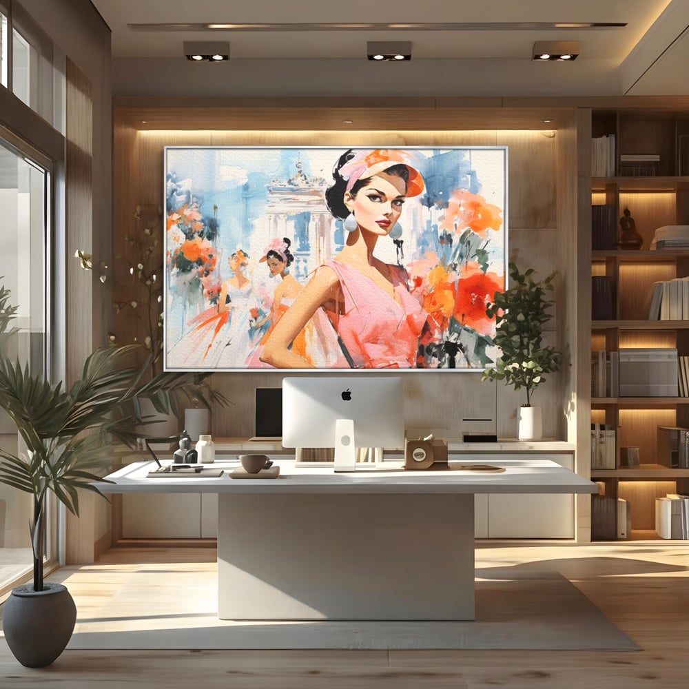 Tablou canvas cu tablou canvas cu femei la moda retro, in rama de aluminiu argintiu, pe perete intr-un birou