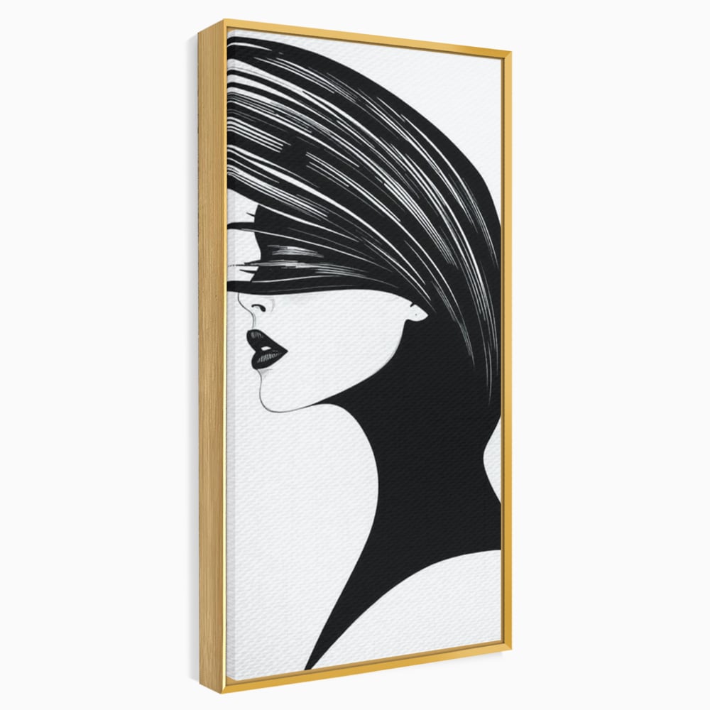 Tablou canvas cu ilustratie cu profil de femeie in alb si negru, in rama de aluminiu auriu