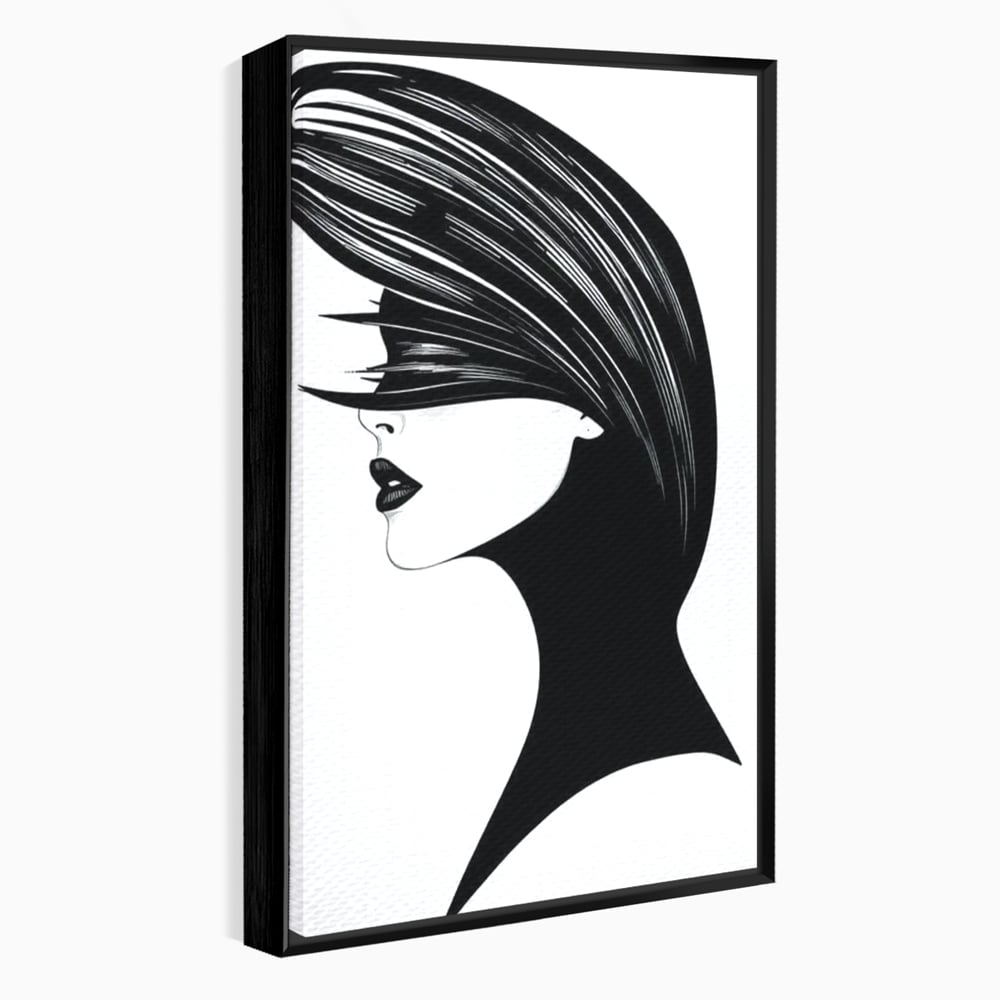 Tablou canvas cu ilustratie cu profil de femeie in alb si negru, in rama de aluminiu negru