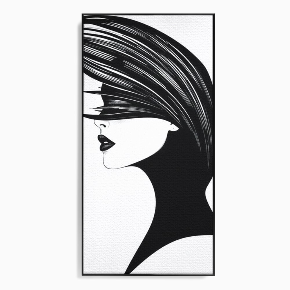 Tablou canvas cu ilustratie cu profil de femeie in alb si negru, in rama de aluminiu negru