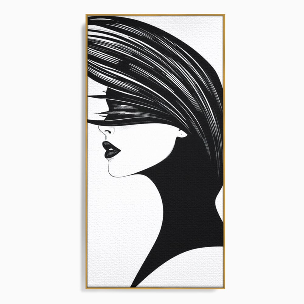 Tablou canvas cu ilustratie cu profil de femeie in alb si negru, in rama de aluminiu auriu