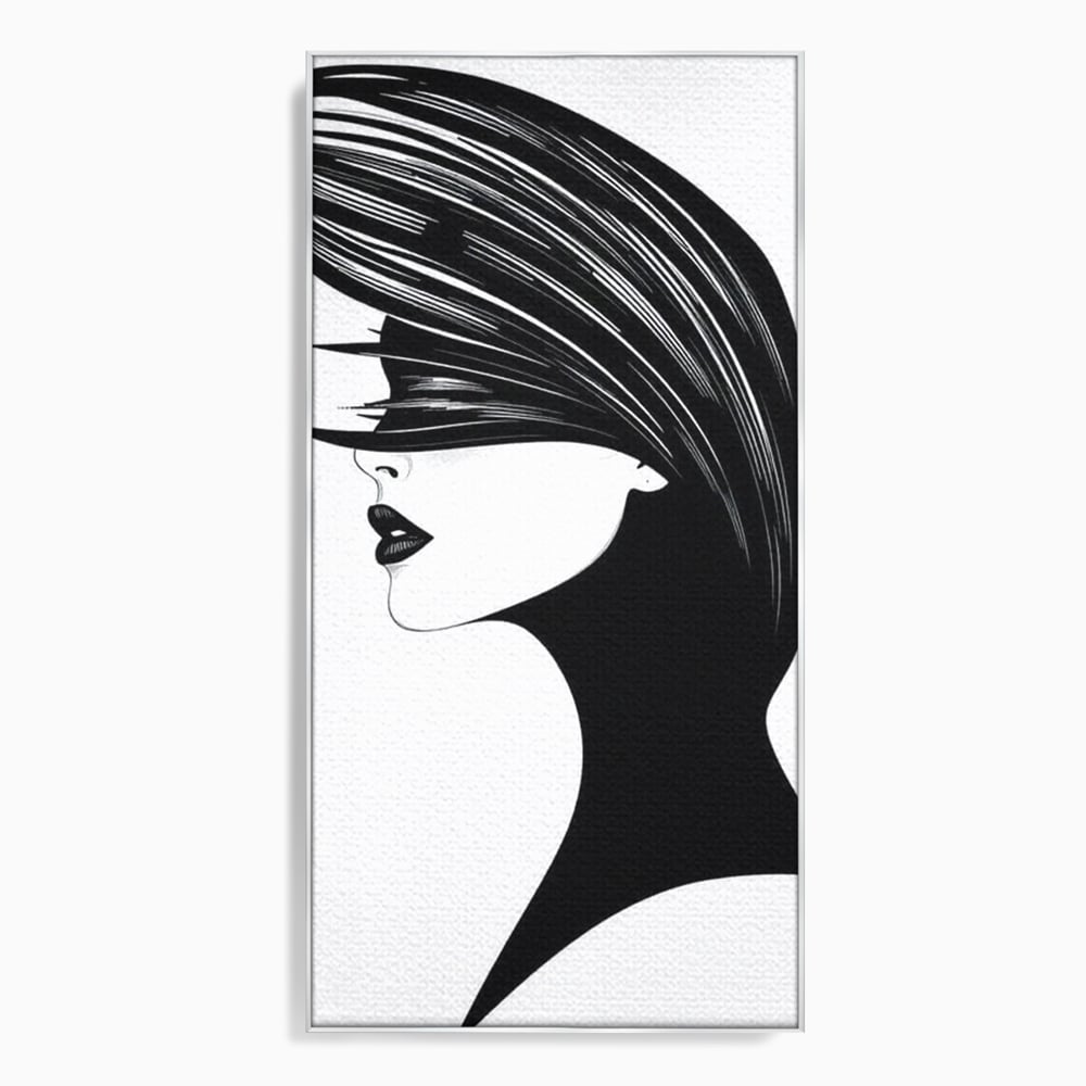 Tablou canvas cu ilustratie cu profil de femeie in alb si negru, in rama de aluminiu argintiu