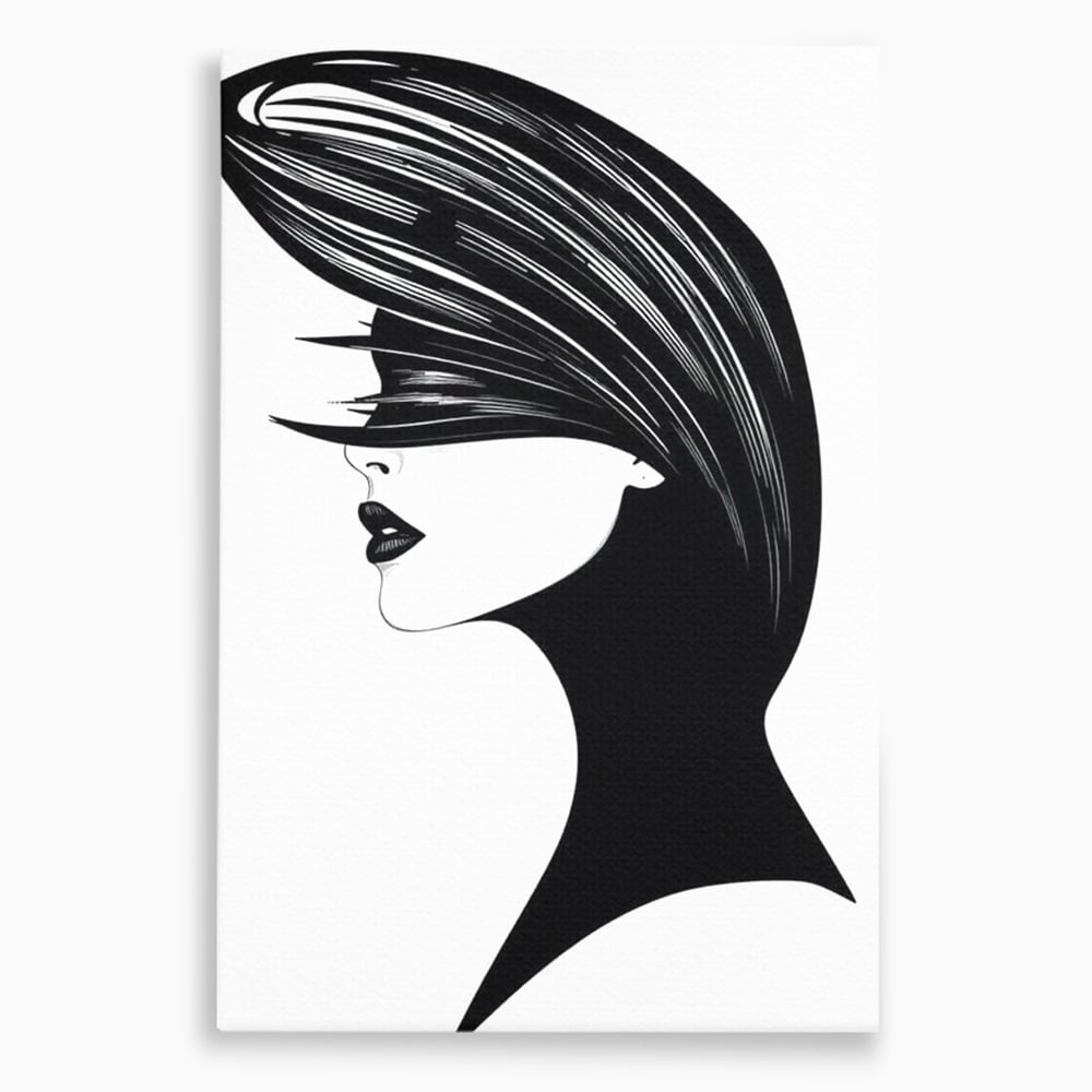 Tablou canvas cu ilustratie cu profil de femeie in alb si negru, fara rama, pe sasiu de lemn