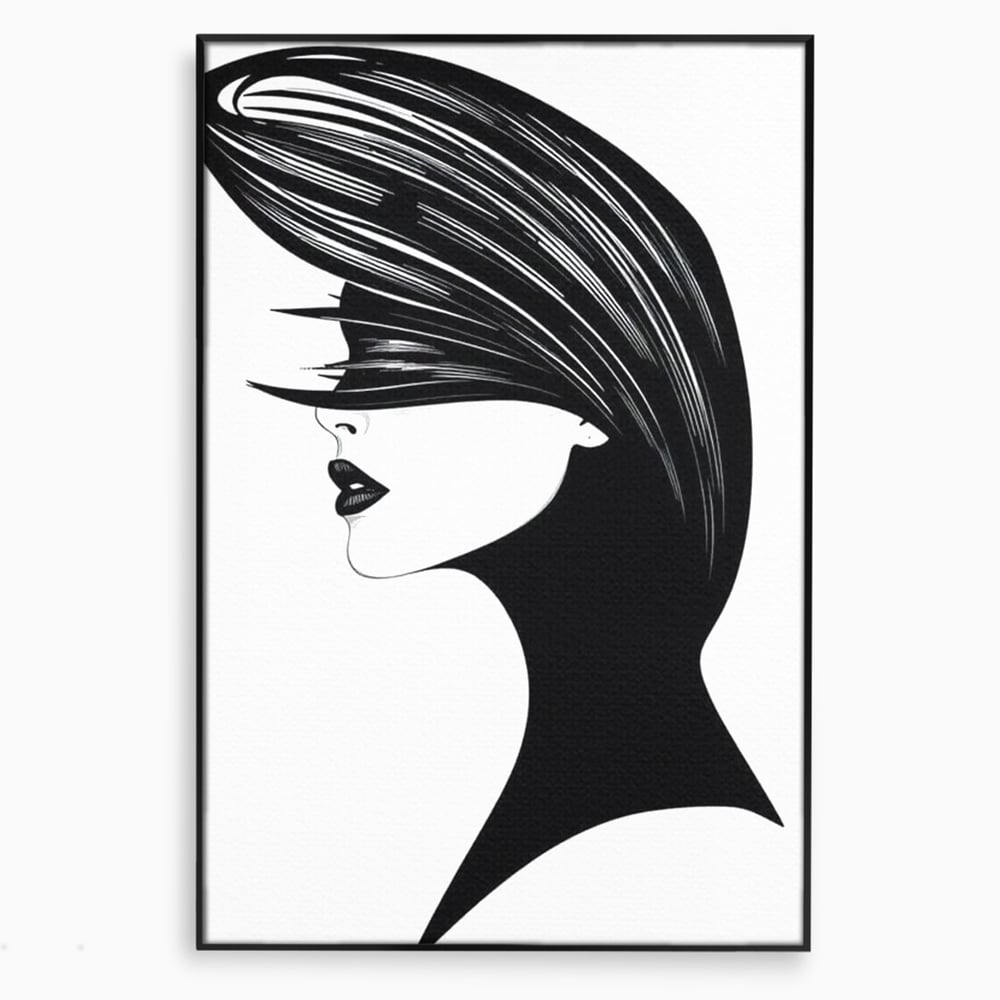 Tablou canvas cu ilustratie cu profil de femeie in alb si negru, in rama de aluminiu negru