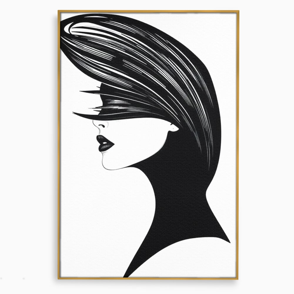 Tablou canvas cu ilustratie cu profil de femeie in alb si negru, in rama de aluminiu auriu