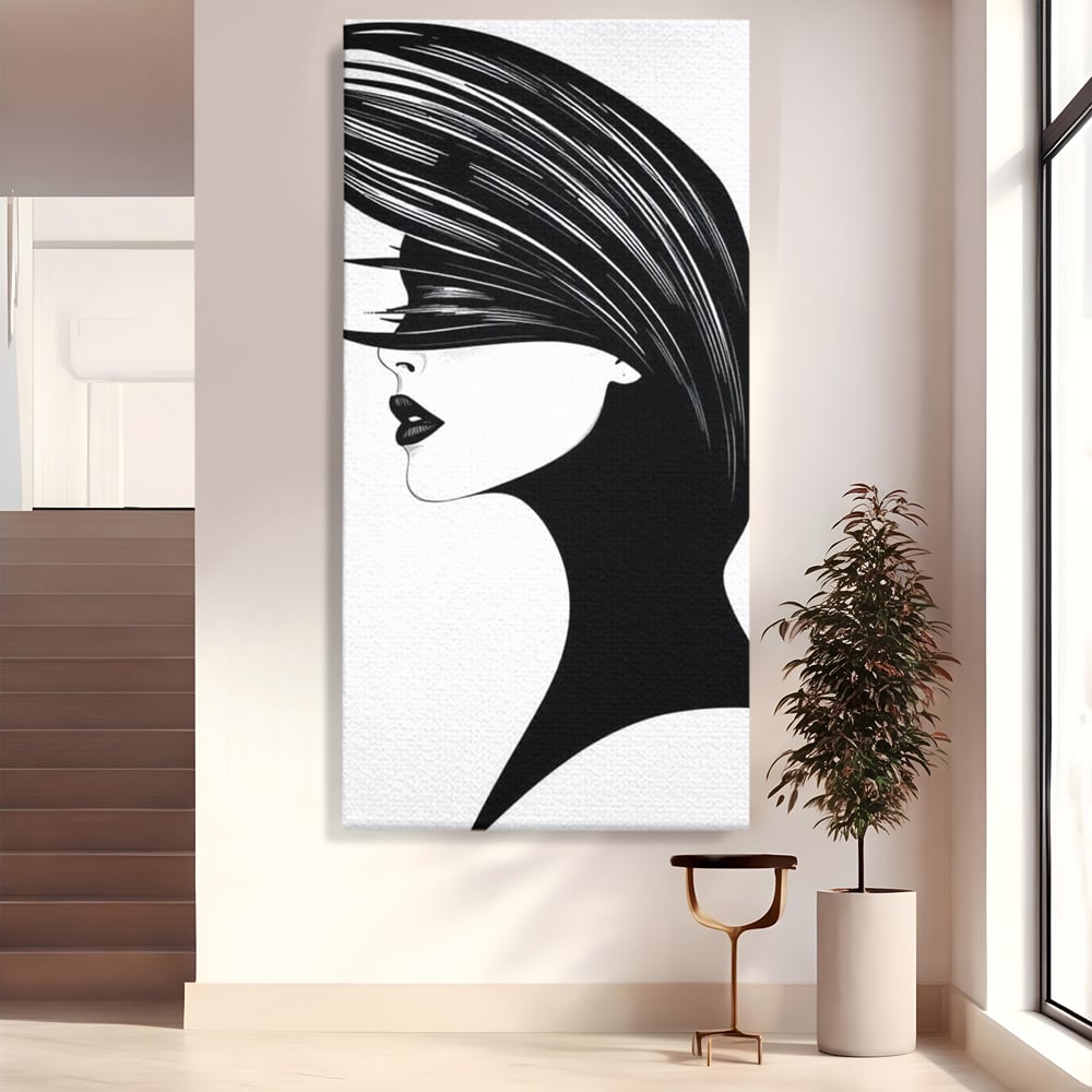 Tablou canvas cu ilustratie cu profil de femeie in alb si negru, fara rama, pe sasiu de lemn
