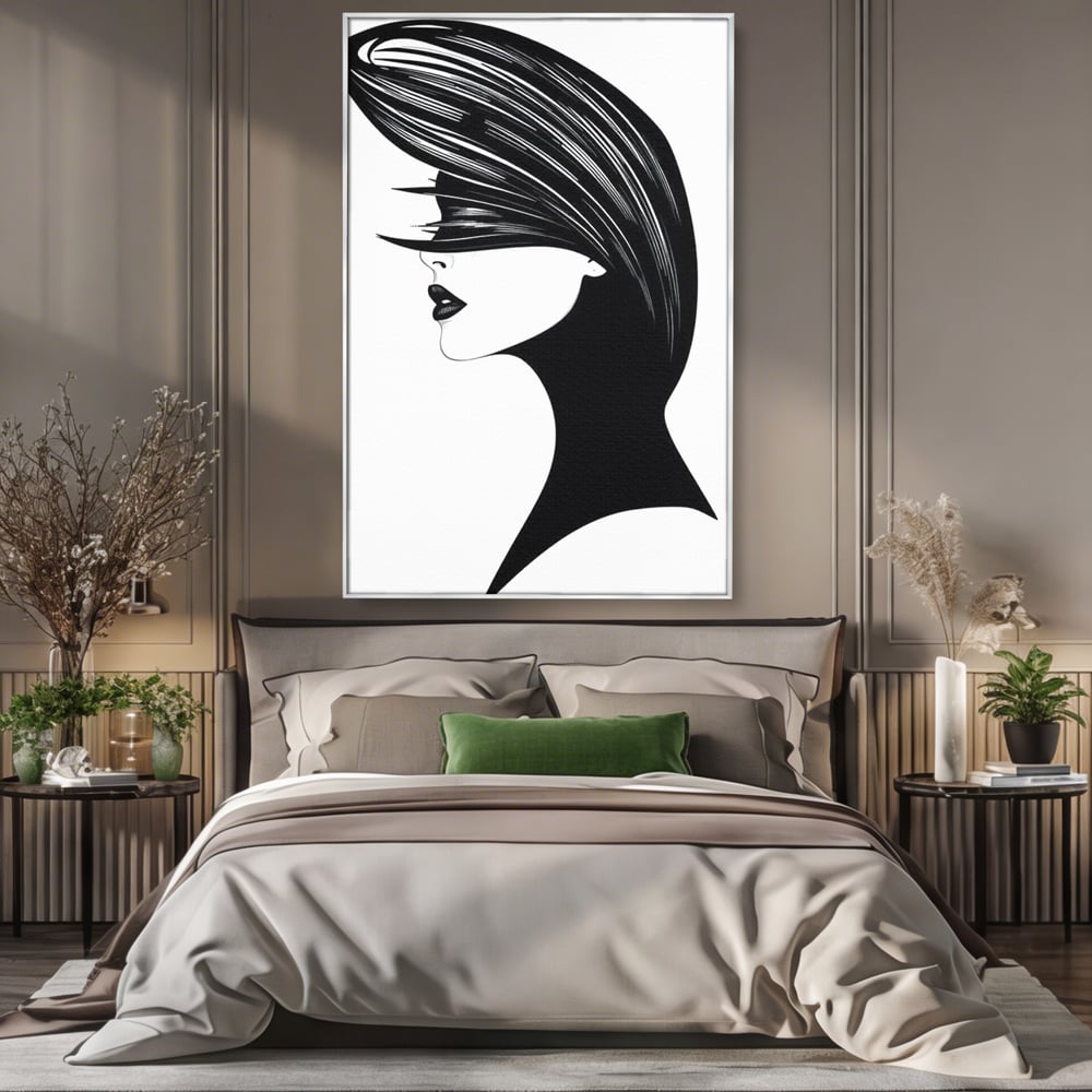 Tablou canvas cu ilustratie cu profil de femeie in alb si negru, in rama de aluminiu argintiu, pe perete intr-un dormitor