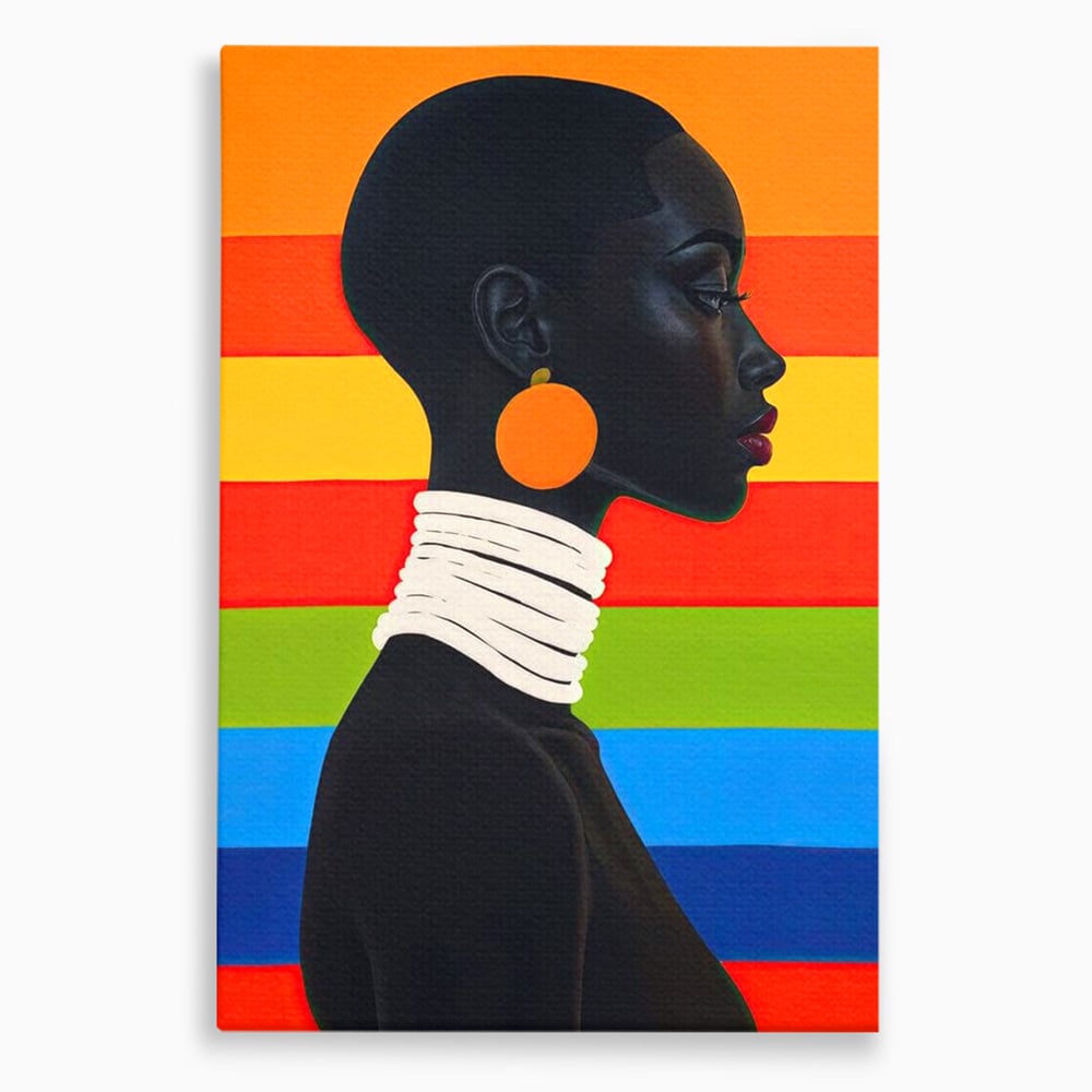 Tablou canvas cu tablou canvas cu profil de femeie afro si curcubeu, fara rama, pe sasiu de lemn