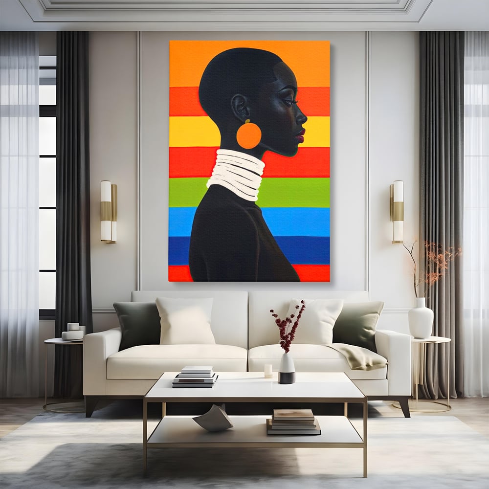 Tablou canvas cu tablou canvas cu profil de femeie afro si curcubeu, fara rama, pe sasiu de lemn, pe perete intr-un living