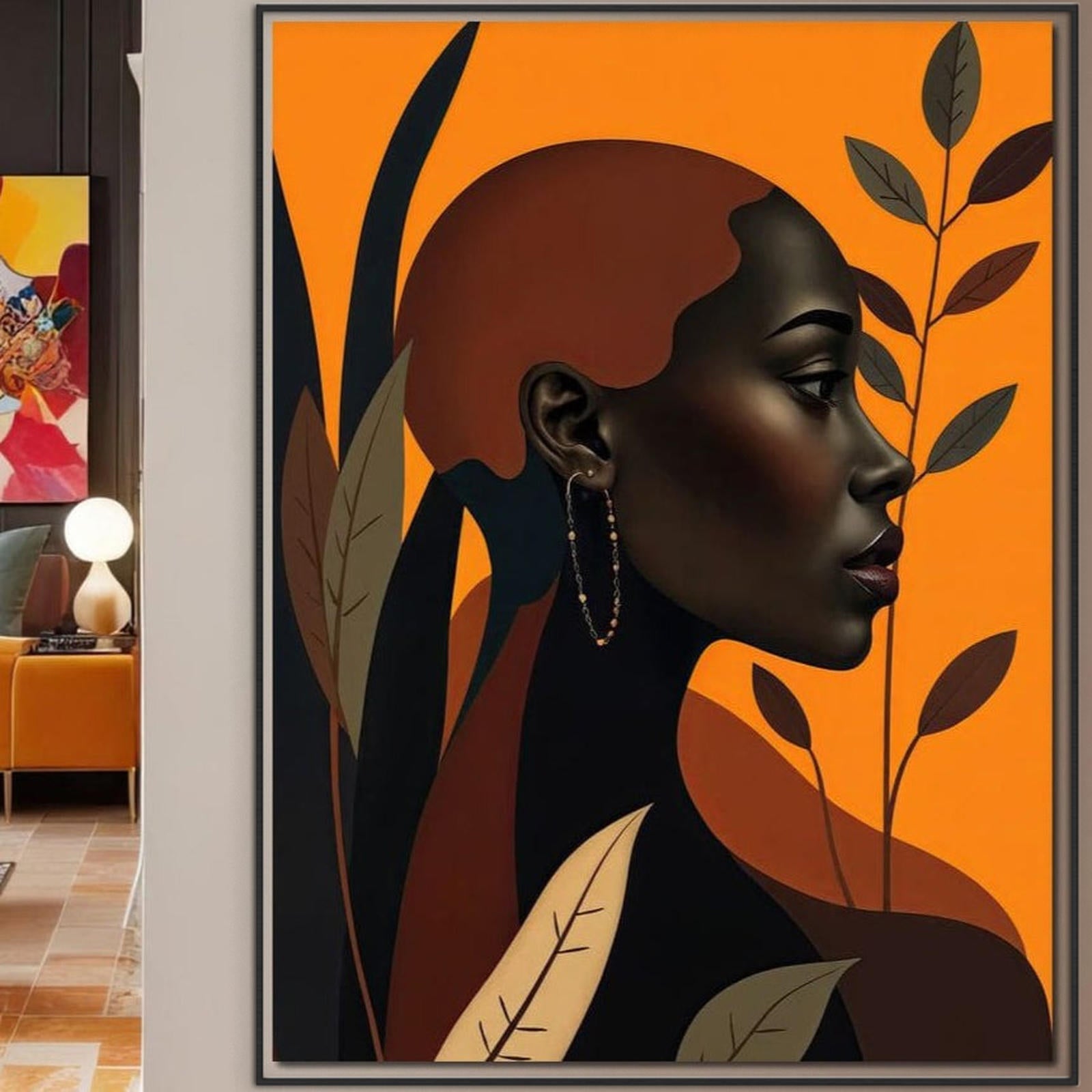 Tablou Canvas Premium, LuxCanva® G1133, Respiratia Frunzelor, Lumina, Pamant, Aur, Umbra, Frunze, Natura, Femeie, Eleganta, Feminitate, Cercei, Profil, Afro, Birou, Living
