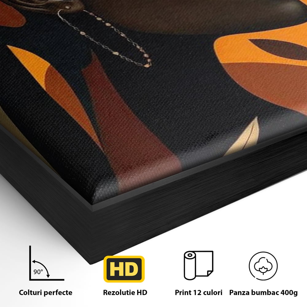 Detaliu al suprafetei: ilustratie digitala cu profil de femeie, in rama de aluminiu negru