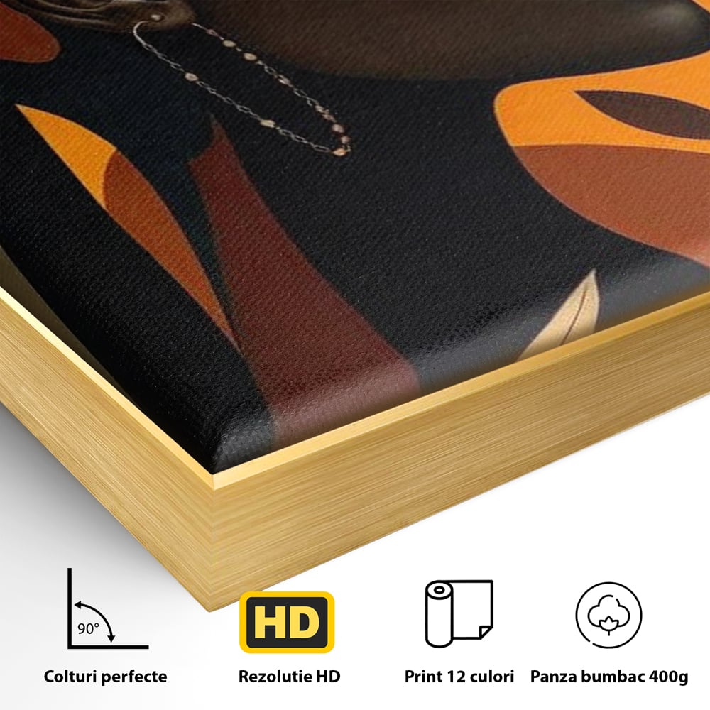 Detaliu al suprafetei: ilustratie digitala cu profil de femeie, in rama de aluminiu auriu