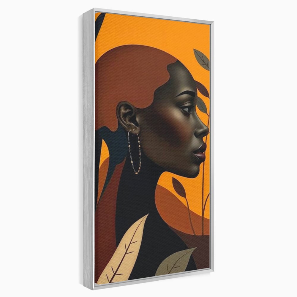 Tablou canvas cu ilustratie digitala cu profil de femeie, in rama de aluminiu argintiu