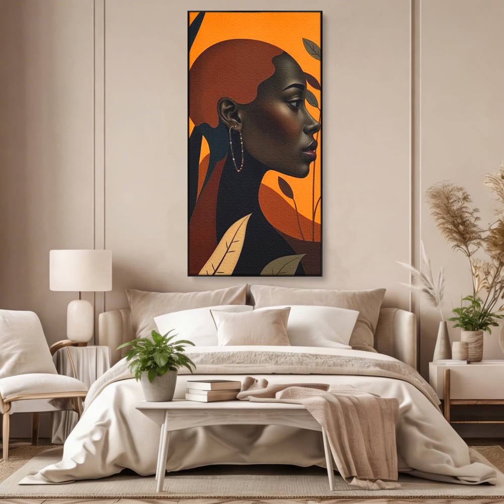 Tablou canvas cu ilustratie digitala cu profil de femeie, in rama de aluminiu negru, pe perete intr-un dormitor