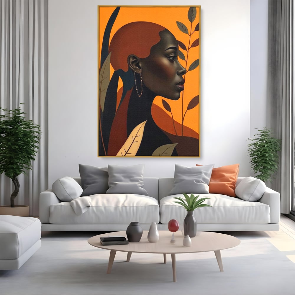 Tablou canvas cu ilustratie digitala cu profil de femeie, in rama de aluminiu auriu, pe perete intr-un living