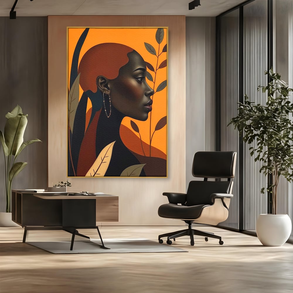 Tablou canvas cu ilustratie digitala cu profil de femeie, in rama de aluminiu auriu, pe perete intr-un birou