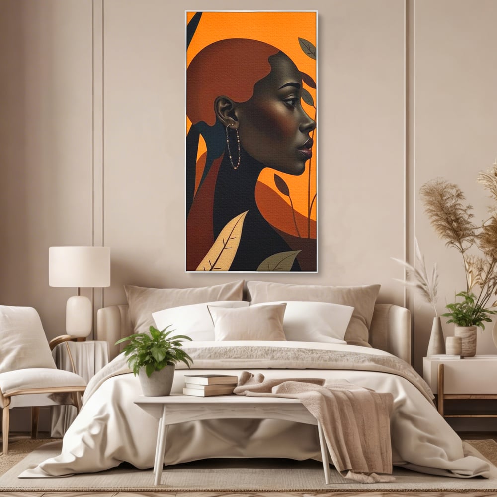Tablou canvas cu ilustratie digitala cu profil de femeie, in rama de aluminiu argintiu, pe perete intr-un dormitor