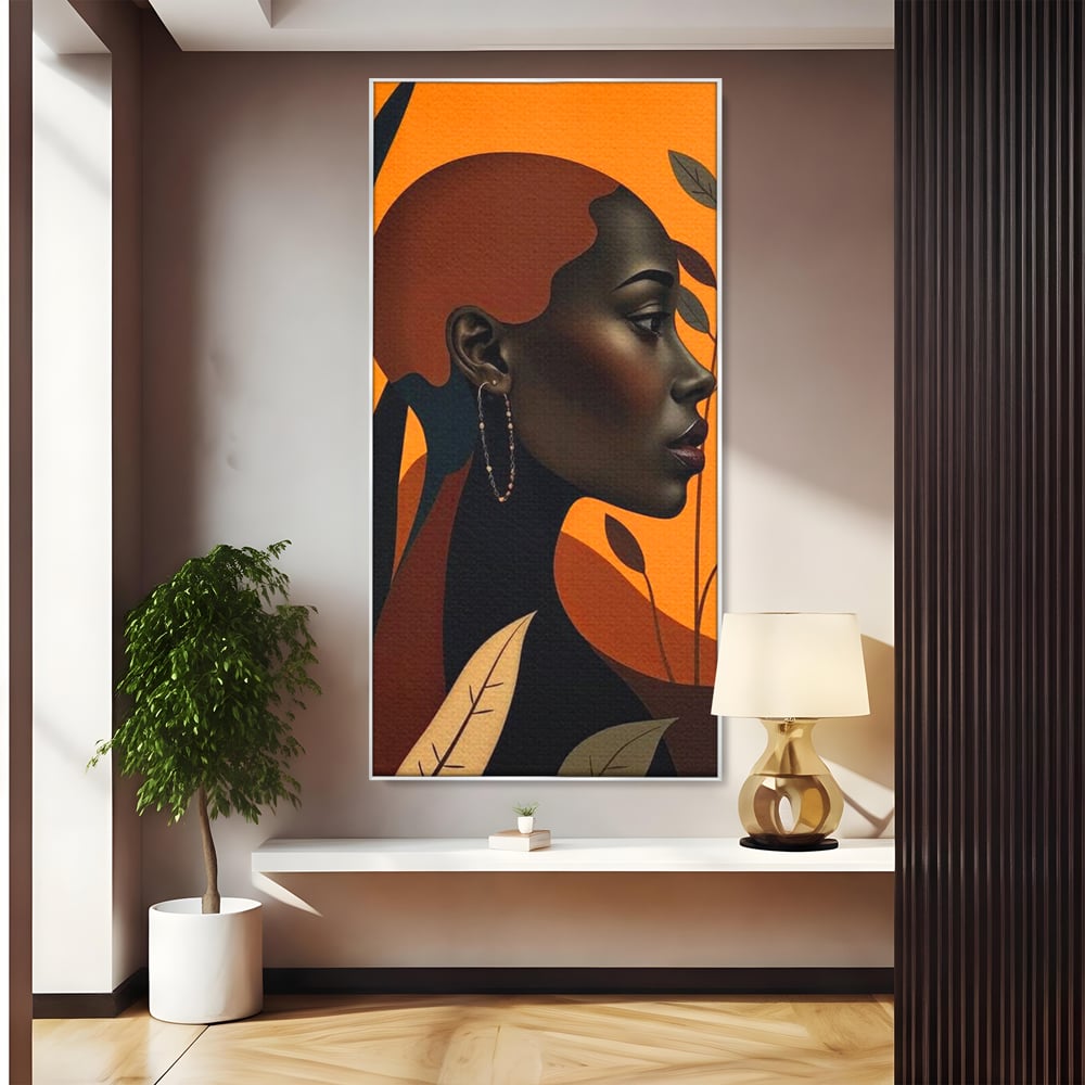 Tablou canvas cu ilustratie digitala cu profil de femeie, in rama de aluminiu argintiu