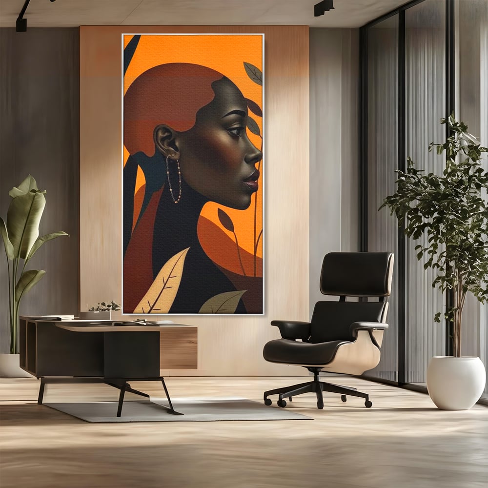 Tablou canvas cu ilustratie digitala cu profil de femeie, in rama de aluminiu argintiu, pe perete intr-un birou