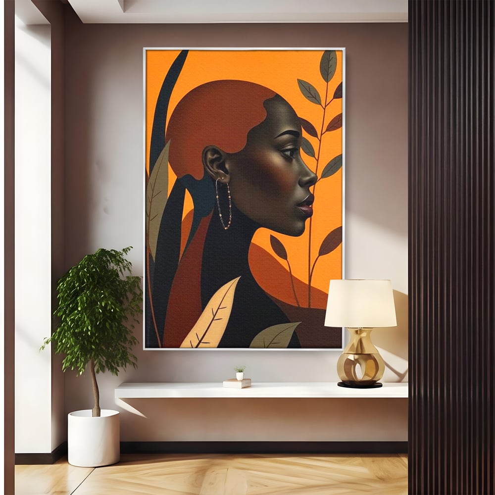 Tablou canvas cu ilustratie digitala cu profil de femeie, in rama de aluminiu argintiu