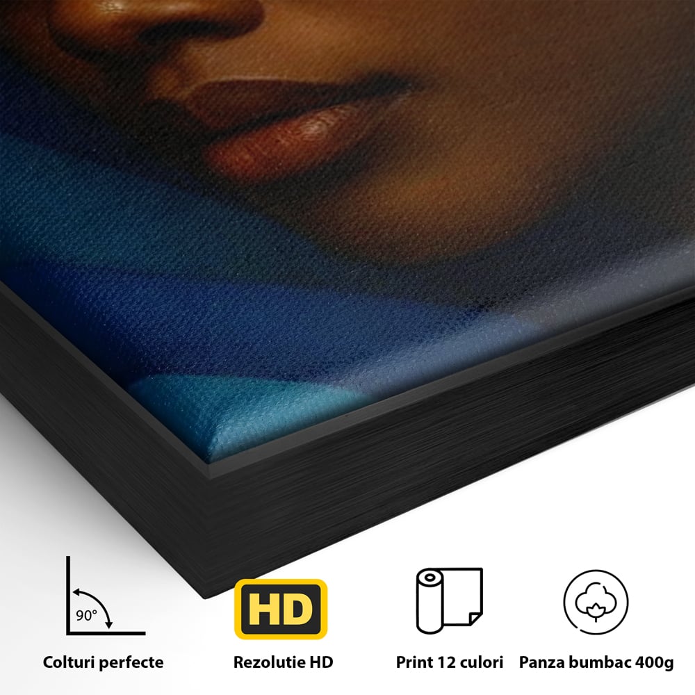Detaliu al suprafetei: tablou canvas cu chip de femeie in profil, in rama de aluminiu negru