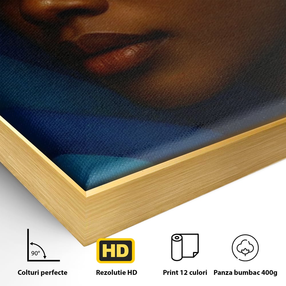 Detaliu al suprafetei: tablou canvas cu chip de femeie in profil, in rama de aluminiu auriu