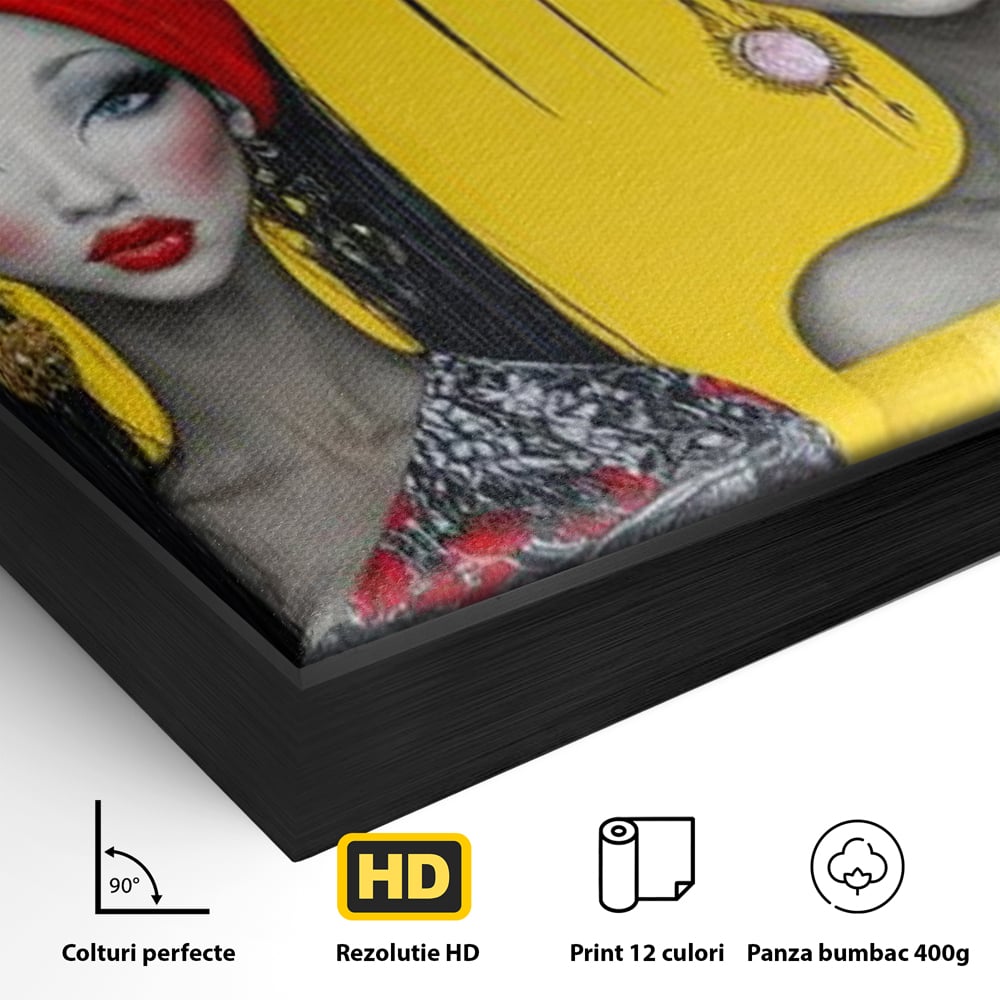 Detaliu al suprafetei: ilustratie canvas cu patru femei stilizate, in rama de aluminiu negru