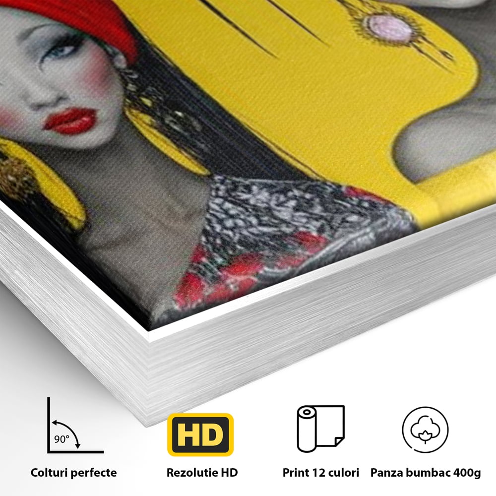 Detaliu al suprafetei: ilustratie canvas cu patru femei stilizate, in rama de aluminiu argintiu