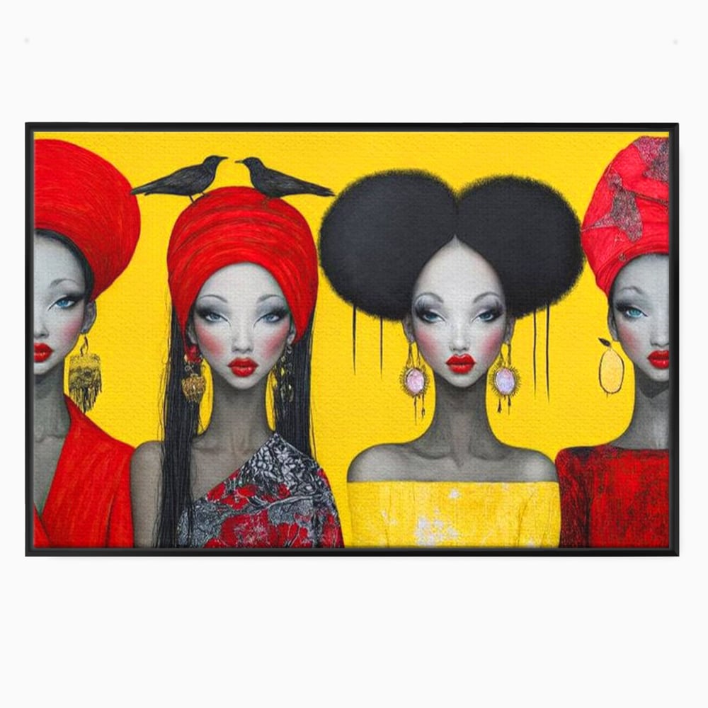 Tablou canvas cu ilustratie canvas cu patru femei stilizate, in rama de aluminiu negru
