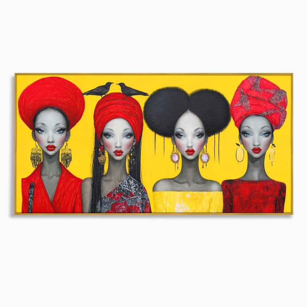 Tablou canvas cu ilustratie canvas cu patru femei stilizate, in rama de aluminiu auriu