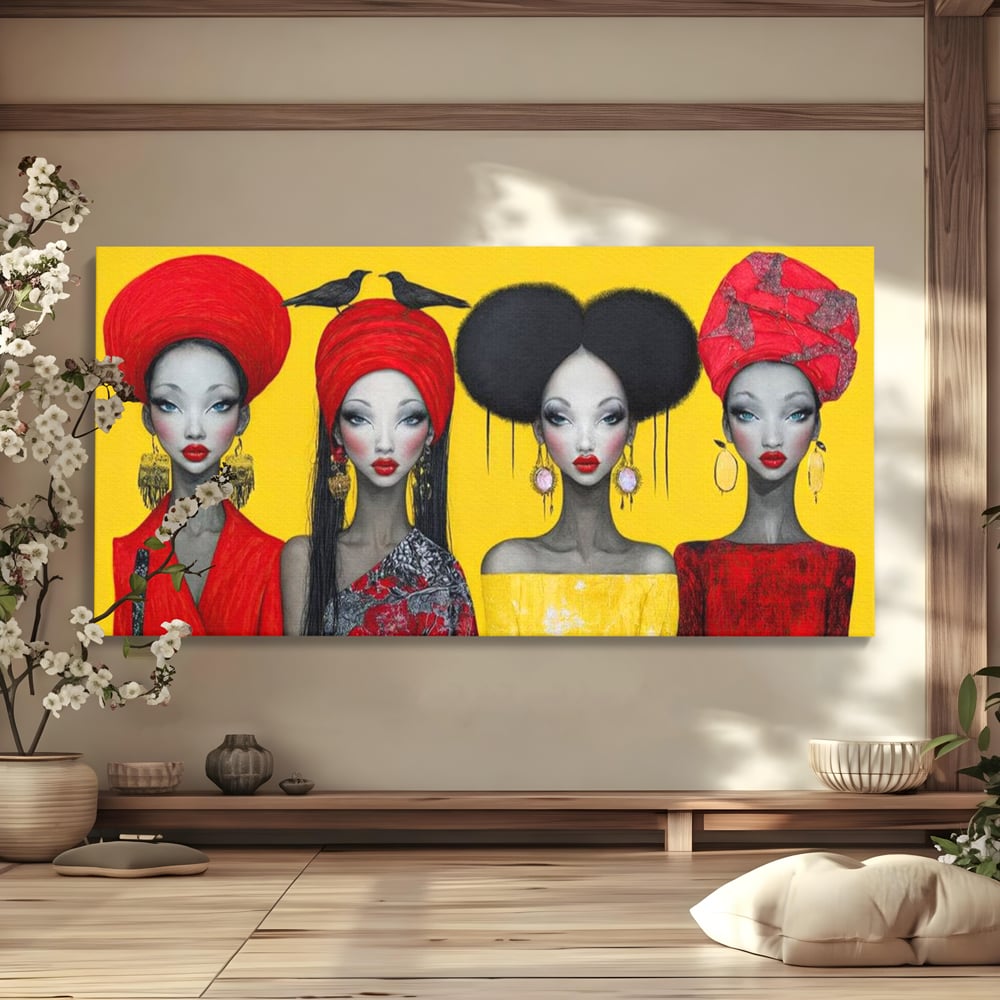Tablou canvas cu ilustratie canvas cu patru femei stilizate, fara rama, pe sasiu de lemn