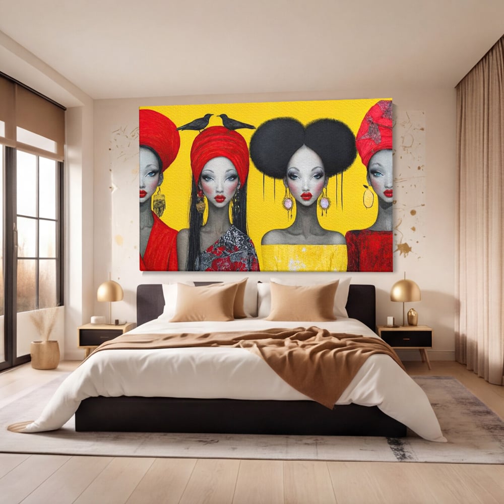 Tablou canvas cu ilustratie canvas cu patru femei stilizate, fara rama, pe sasiu de lemn, pe perete intr-un dormitor