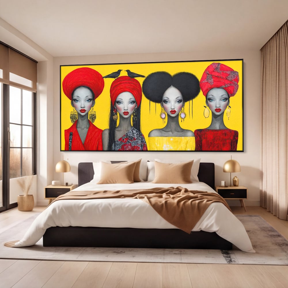 Tablou canvas cu ilustratie canvas cu patru femei stilizate, in rama de aluminiu negru, pe perete intr-un dormitor