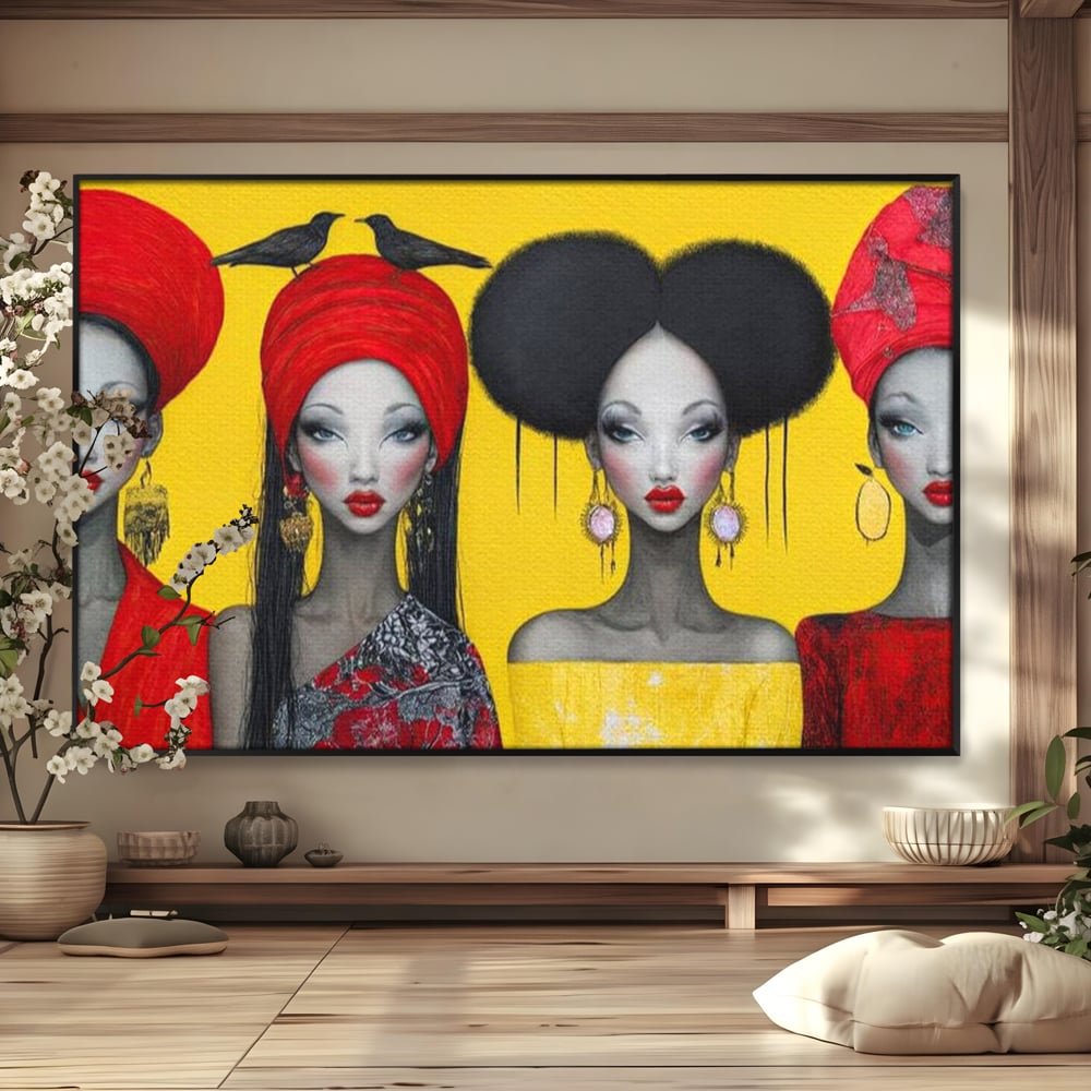 Tablou canvas cu ilustratie canvas cu patru femei stilizate, in rama de aluminiu negru