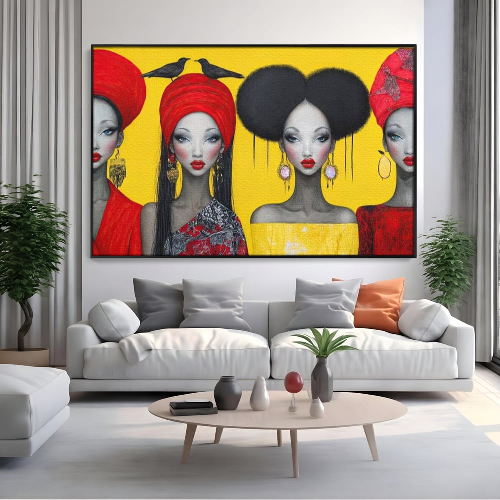 Tablou canvas cu ilustratie canvas cu patru femei stilizate, in rama de aluminiu negru, pe perete intr-un living