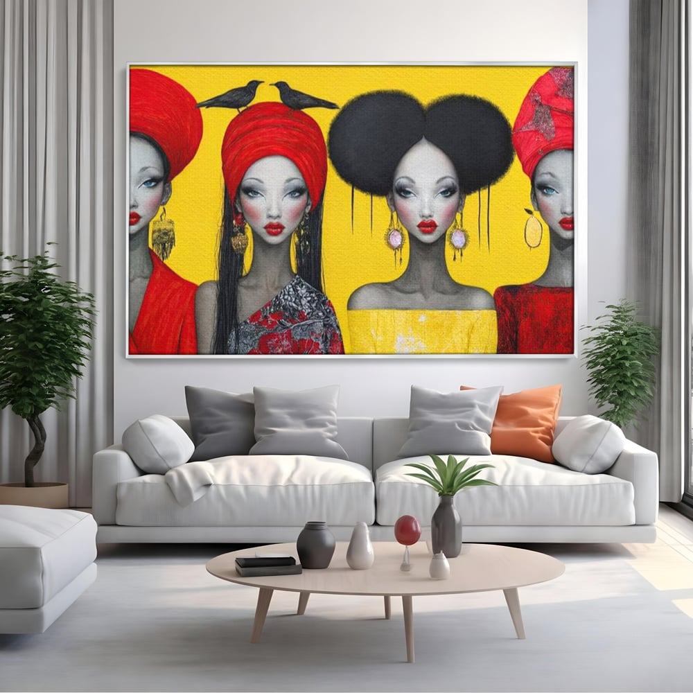 Tablou canvas cu ilustratie canvas cu patru femei stilizate, in rama de aluminiu argintiu, pe perete intr-un living